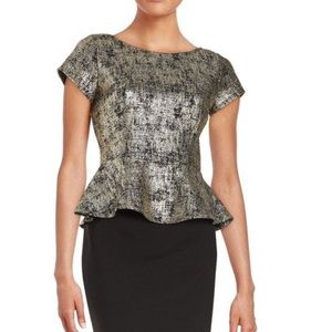 Design Lab Lord & Taylor Gold Metallic Short Sleeve Peplum Blouse Womens Size M